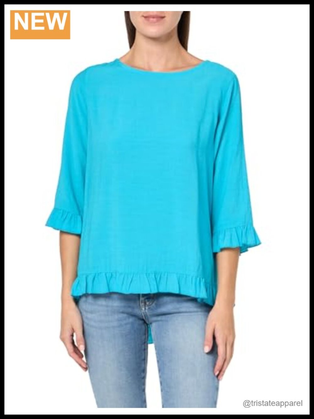 Womens Ruffle High-Low Tunic Top 3/4 Sleeve Button Back Scoop Neck